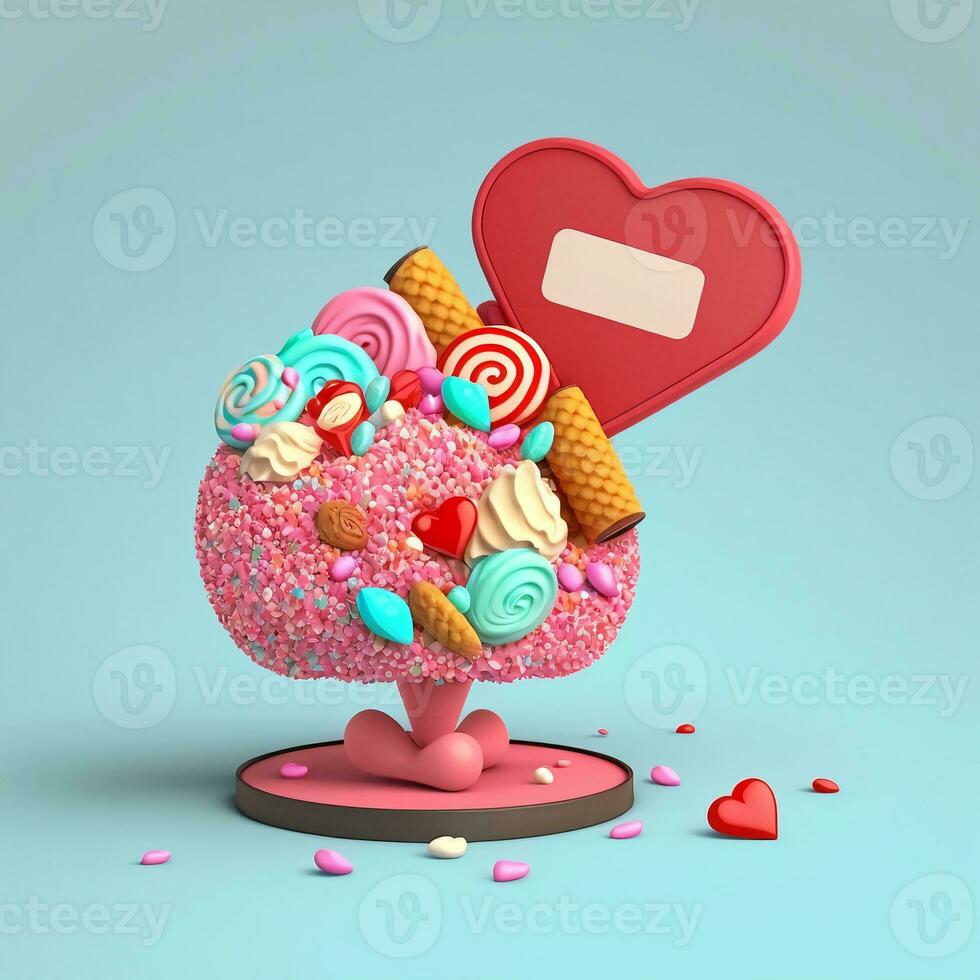 3D Render of Realistic Candies Heart Tree Or Stand And Frame Space For Text Or Message. photo