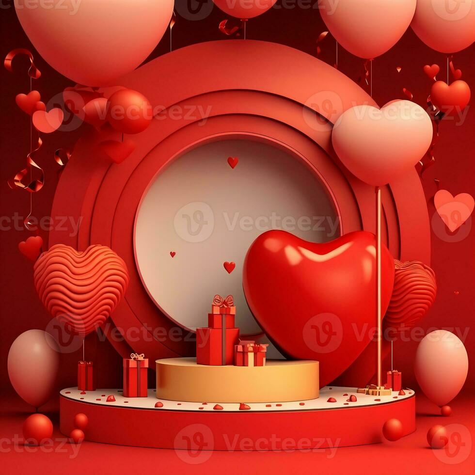 3D Render of Circular Frame With Podium, Balloons, Gift Boxes. Valentine's Day Concept. photo