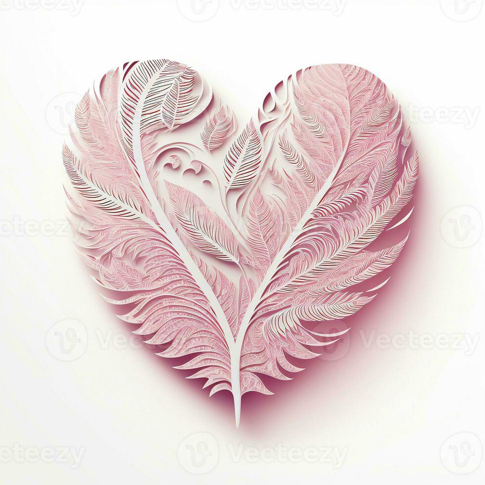 Realistic Beautiful Pink Feathers Forming Heart Shape In Paper Cut. 3D Render Love Concept. photo