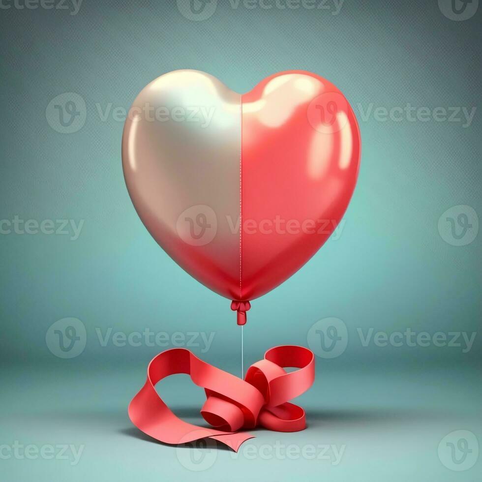 3D Render, Glossy Heart Shape Balloon With Red Silk Ribbon. photo