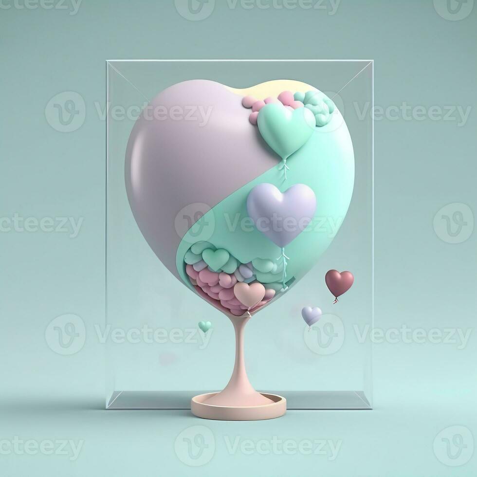 3D Render of Heart Shape Stand With Balloons Inside Glassware Box. photo