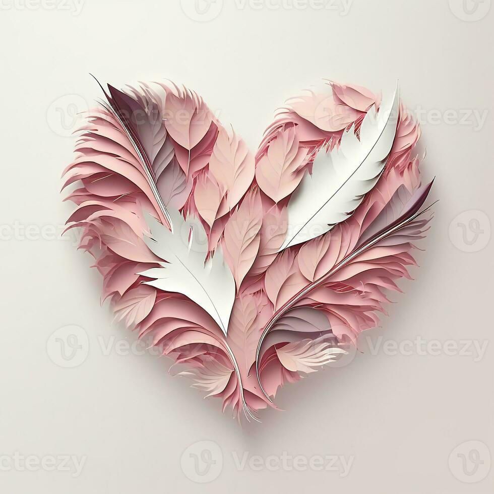 Creative Realistic Feathers Forming Heart Shape, 3D render. photo