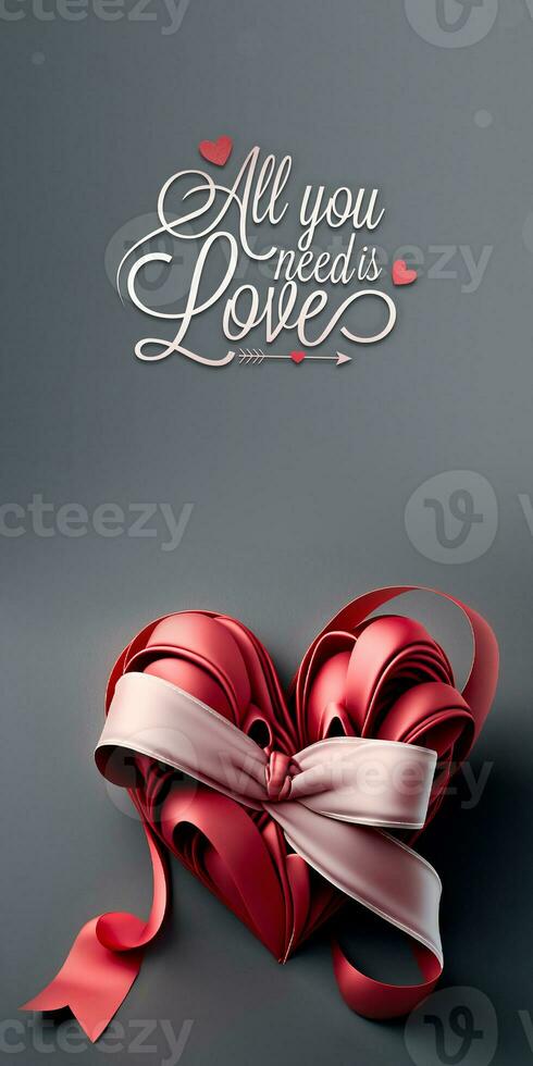 All You Need Is Love Text With 3D Reder Of Red Silk Ribbon Forming Heart Shape On Grey Background. photo