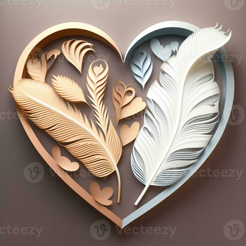 Beautiful Glossy, Paper Cut Feathers In Heart Shape Frame. photo
