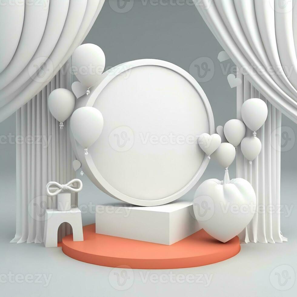 3D Render of Circular Frame On Podium With Gift Box, Balloons Decorated Light Gray Curtain Background. photo