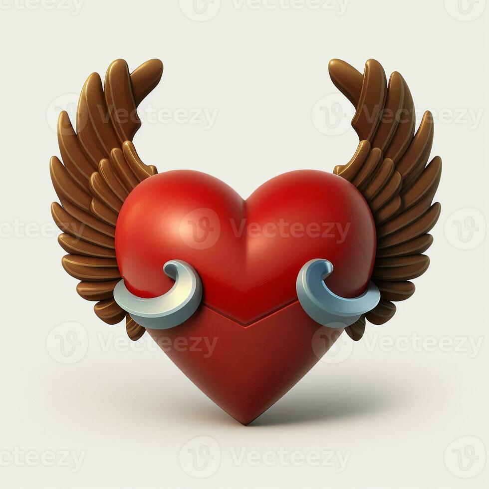 3D Render Pixar Style Red Hug Heart With Brown Wings. photo