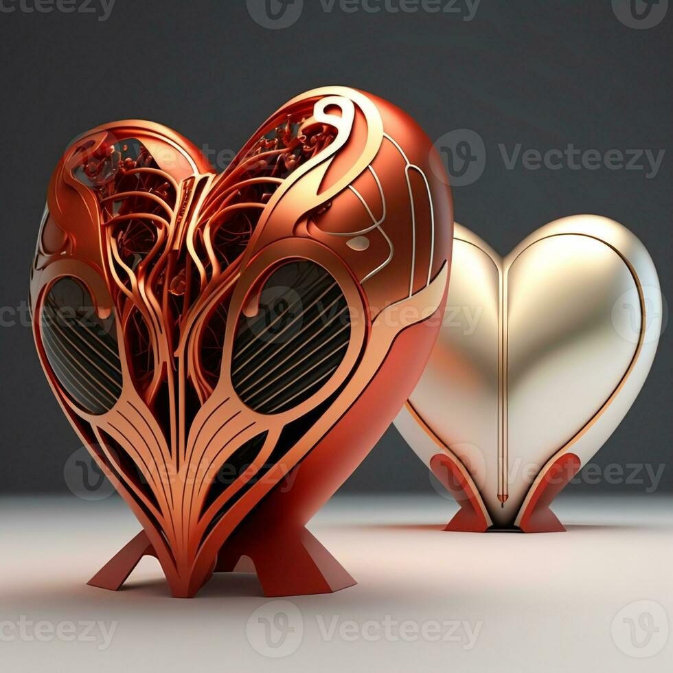 Glossy Copper And Bronze Heart Pedsteal In 3D Render. photo
