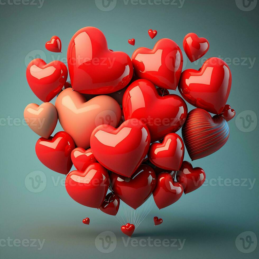 3d prestar, manojo de corazón forma globos en rojo color. foto