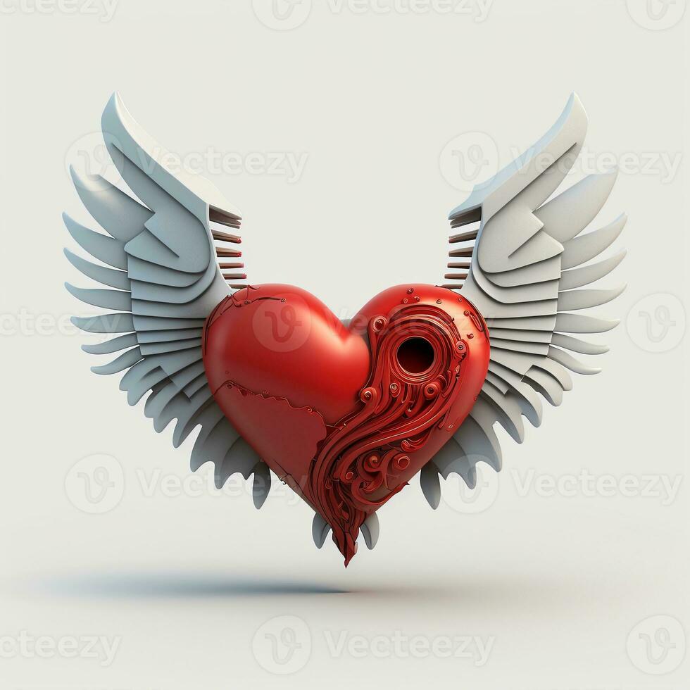 3D Render, Pixar Style Red Robotic Heart With Gray Wings. photo