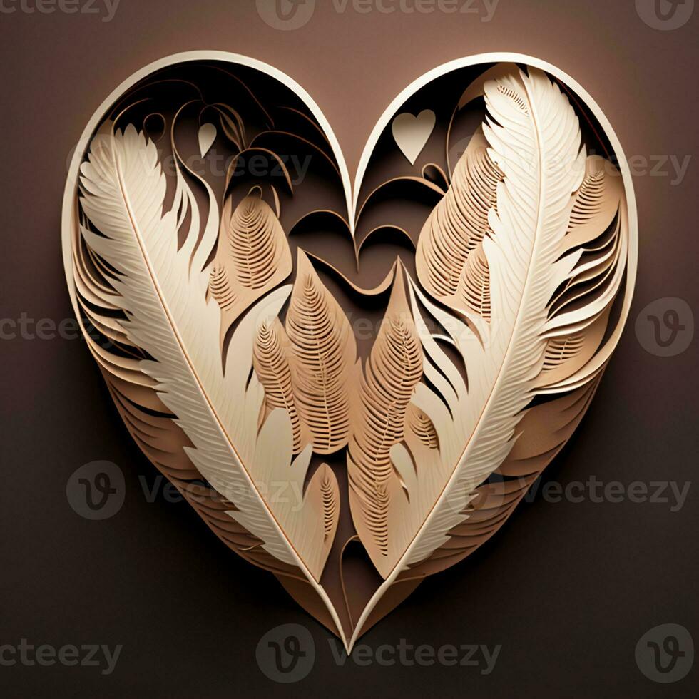 Paper Cut Beautiful Feathers Forming Heart Shape. 3D Render Love Concept. photo