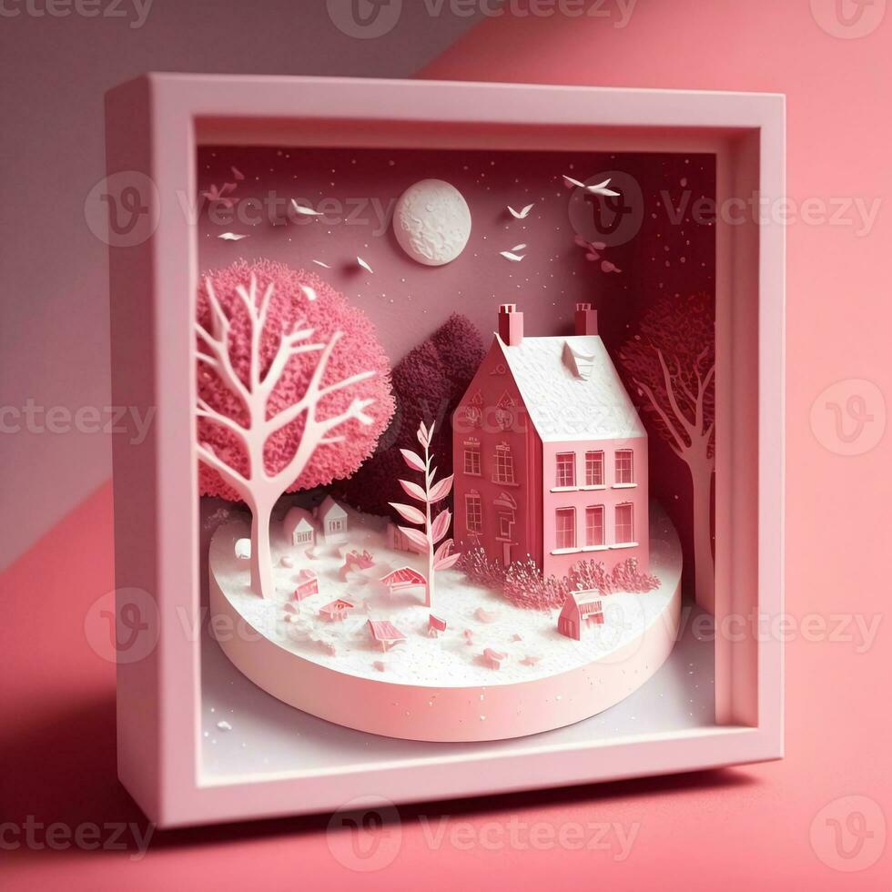 3D Render, Miniature Decorative Diorama Square Frame With Snowy Chimney House Landscape And Winter Evening Background. photo