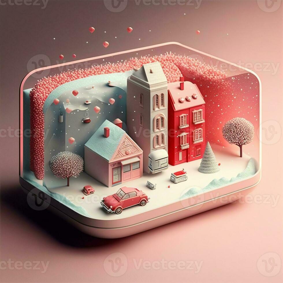 3D Render, Winter Miniature Diorama Frame With Residential Buildings Landscape, Exterior Snowfall. photo