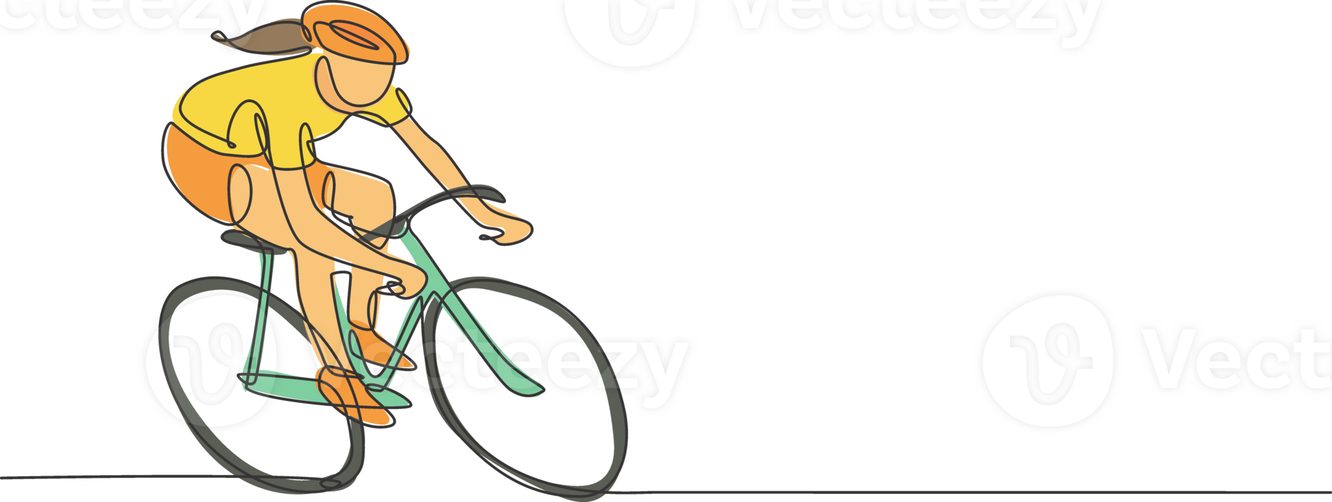 One continuous line drawing young sporty woman bicycle racer pedaling her bike so fast. Road cyclist concept. Dynamic single line draw design illustration graphic for cycling competition poster png