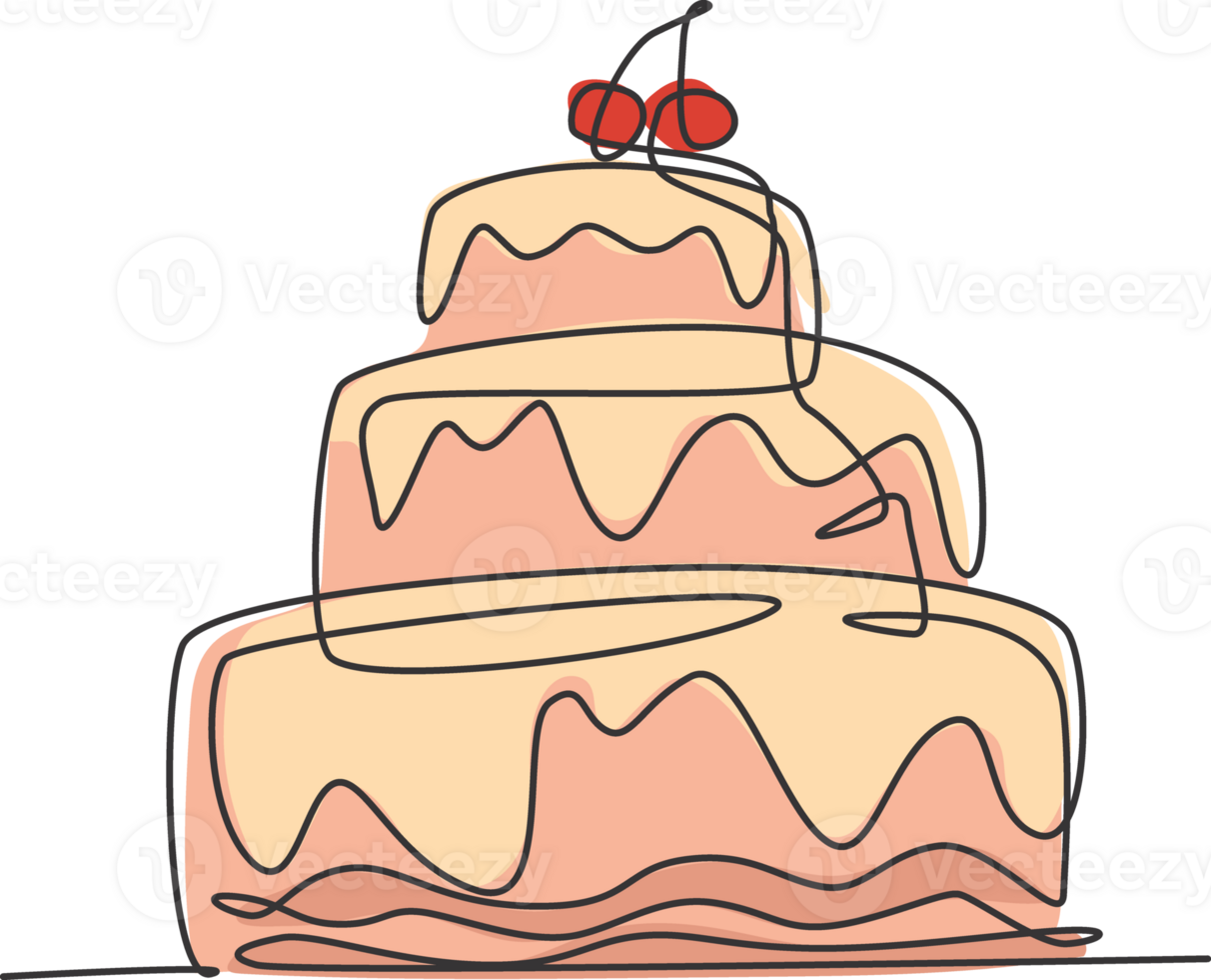 One continuous line drawing of fresh delicious stacked birthday cake with strawberry fruit topping. Pastry confectionery concept. Modern single line draw design graphic illustration png