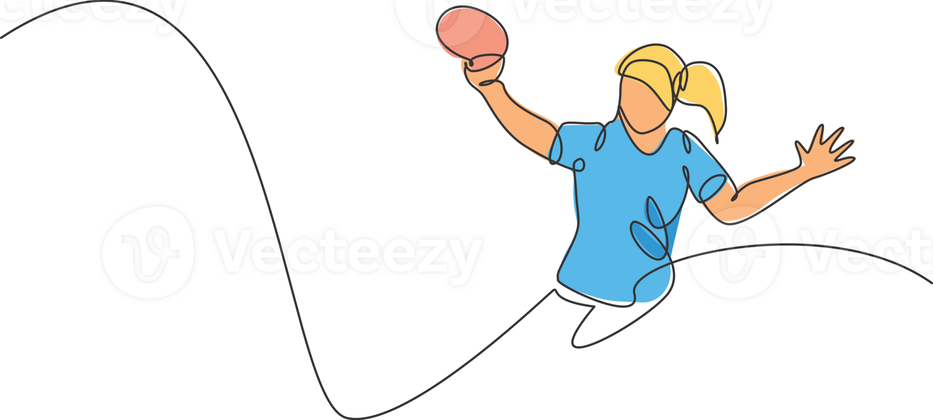 One single line drawing of young energetic woman table tennis player defense from rival illustration. Sport training concept. Modern continuous line draw design for ping pong tournament banner png