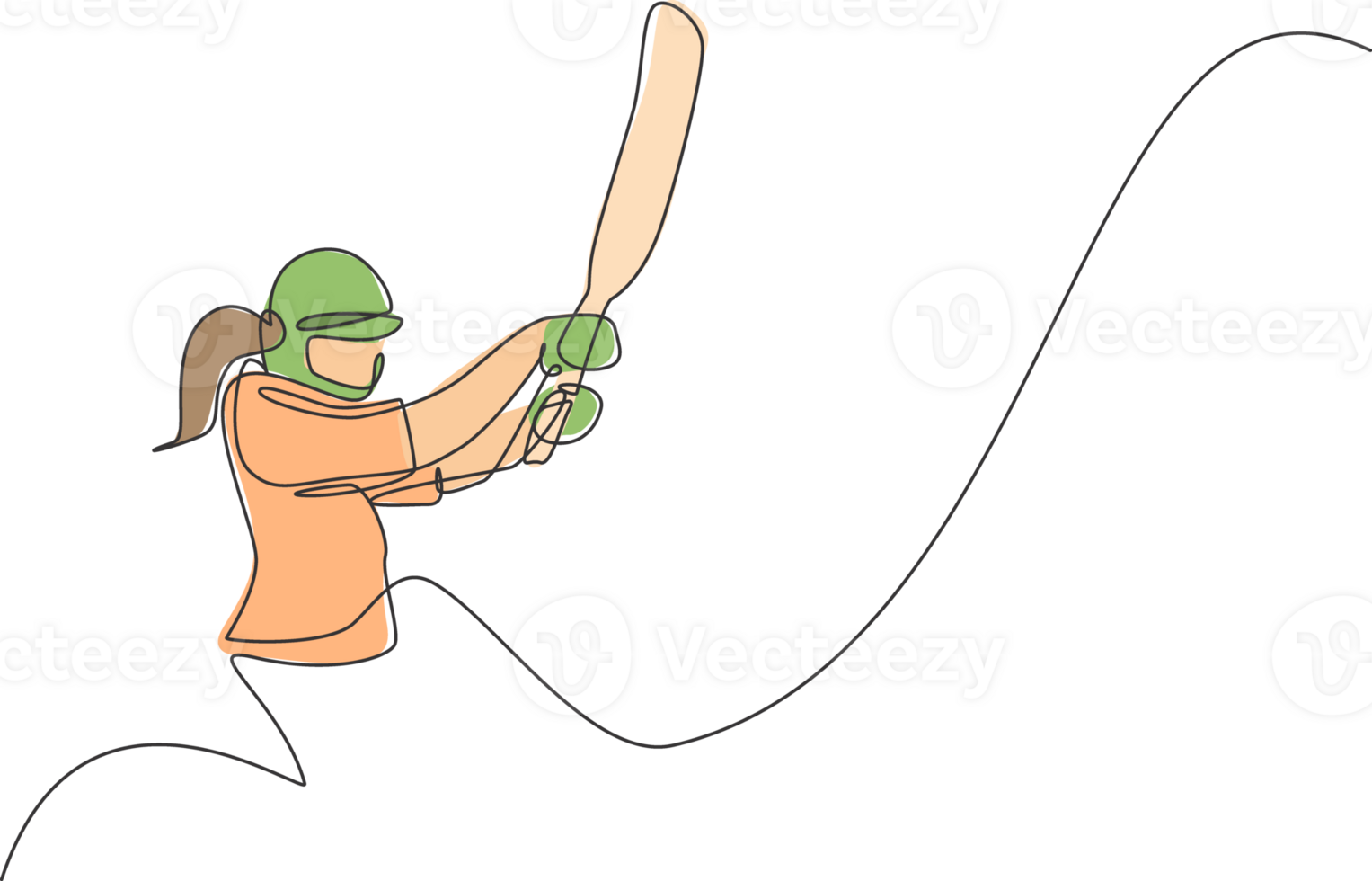 Single continuous line drawing of young agile woman cricket player stance focus to hit the ball illustration. Sport exercise concept. Trendy one line draw design for cricket promotion media png