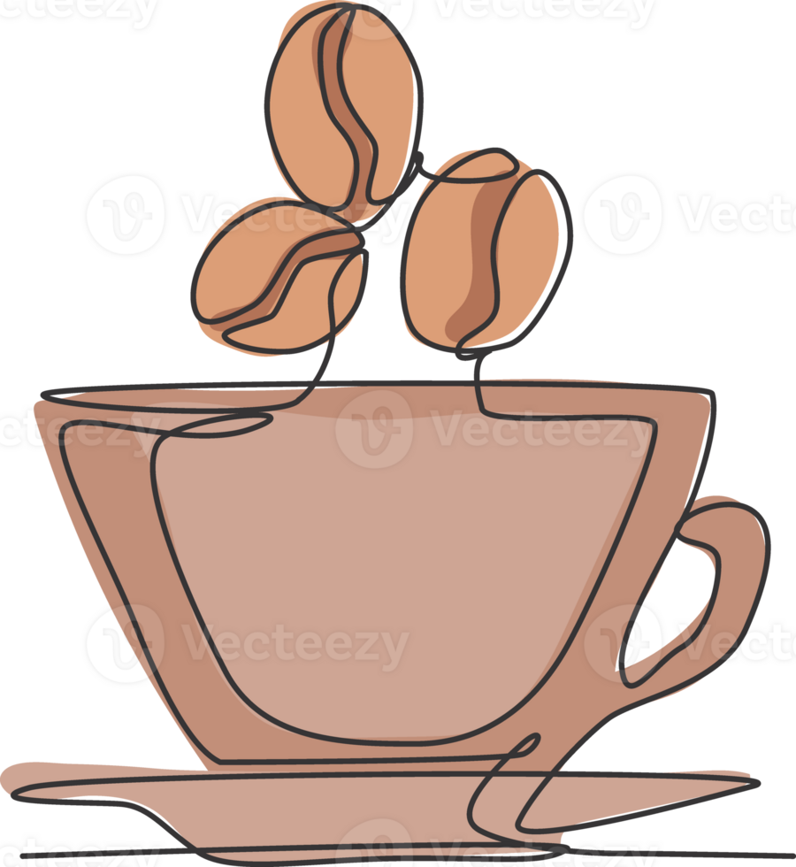 One single line drawing of fresh aromatic black coffee with beans logo illustration. Coffee shop menu and restaurant badge concept. Modern continuous line draw design street drink logotype png