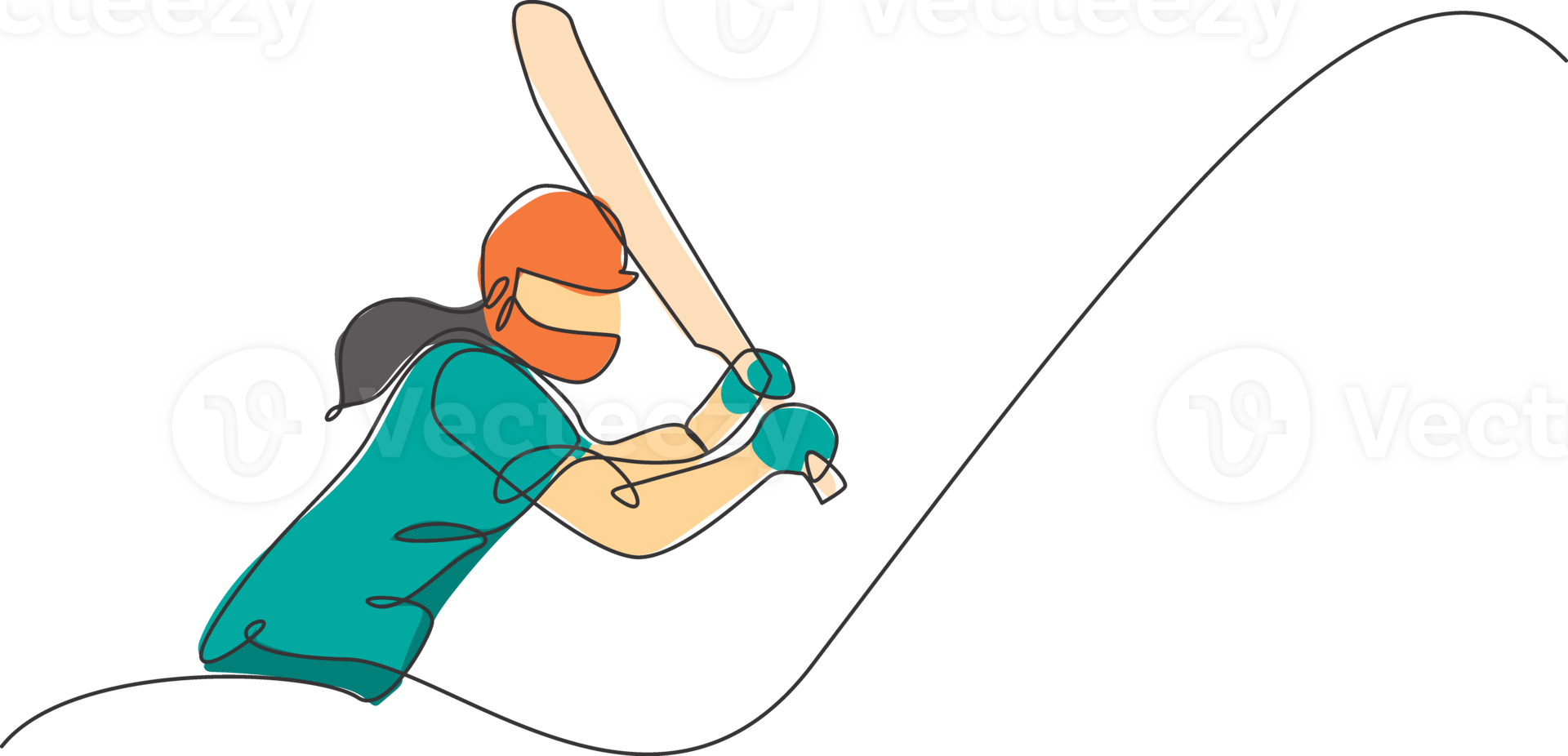 One continuous line drawing of young happy woman cricket player practice to hit the ball illustration. Competitive sport concept. Dynamic single line draw design for sport advertisement poster png