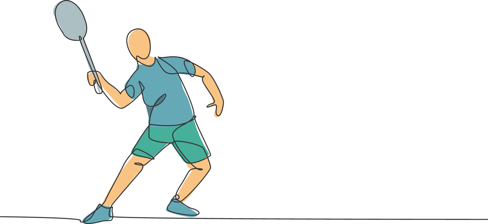 One single line drawing of young energetic badminton player jumping and