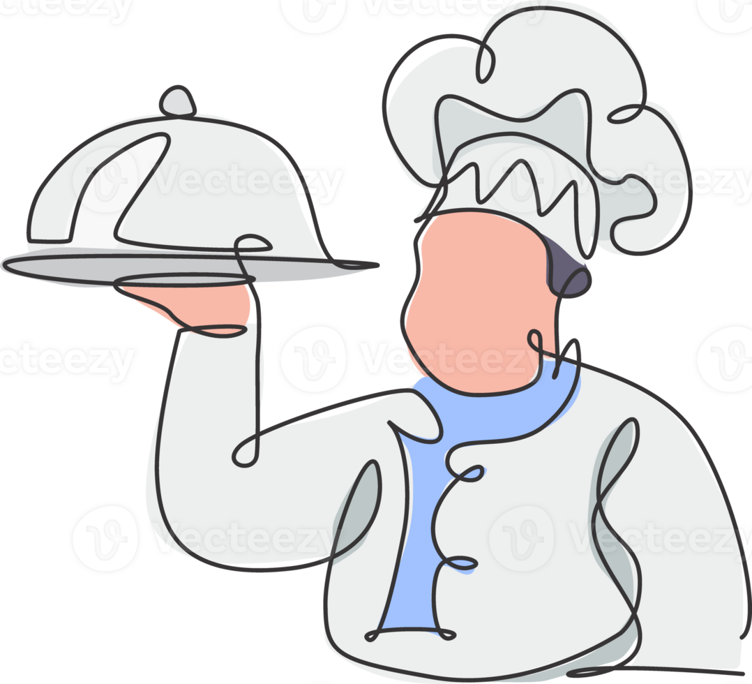 Single continuous line drawing of stylized man chef serving food for restaurant logo label. Food cafe mascot concept. Modern one line draw design graphic illustration for food delivery service png
