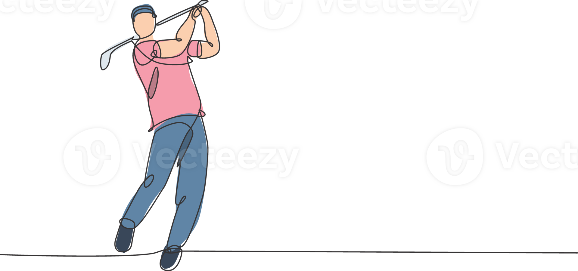 Single continuous line drawing of young happy golf player swing the golf club to hit the ball. Hobby sport concept. Trendy one line draw design illustration for golf tournament promotion media png