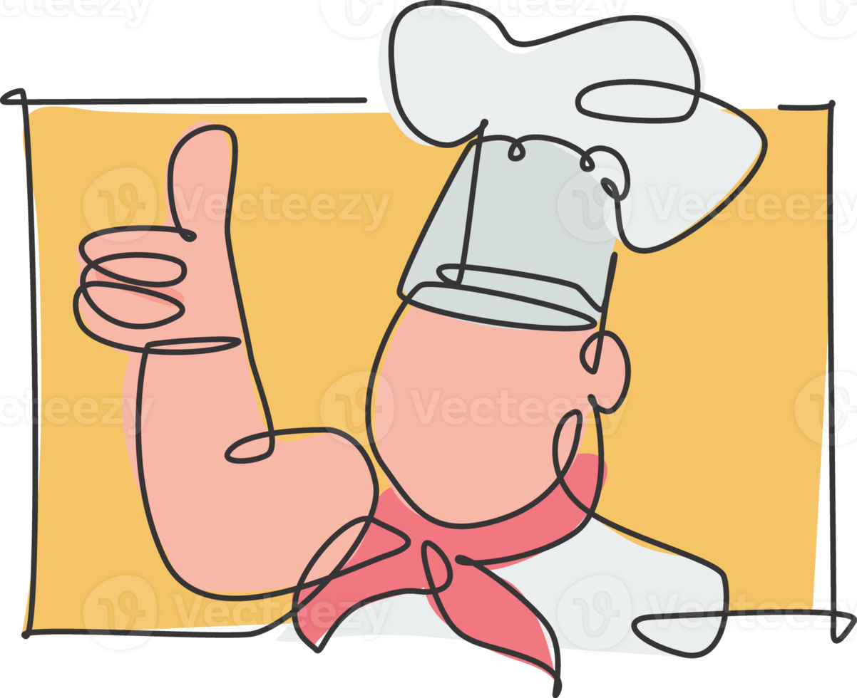 Single continuous line drawing of stylized chef man character mascot with thumbs up finger gesture logo label. Emblem restaurant concept. Modern one line draw design illustration for kitchen png