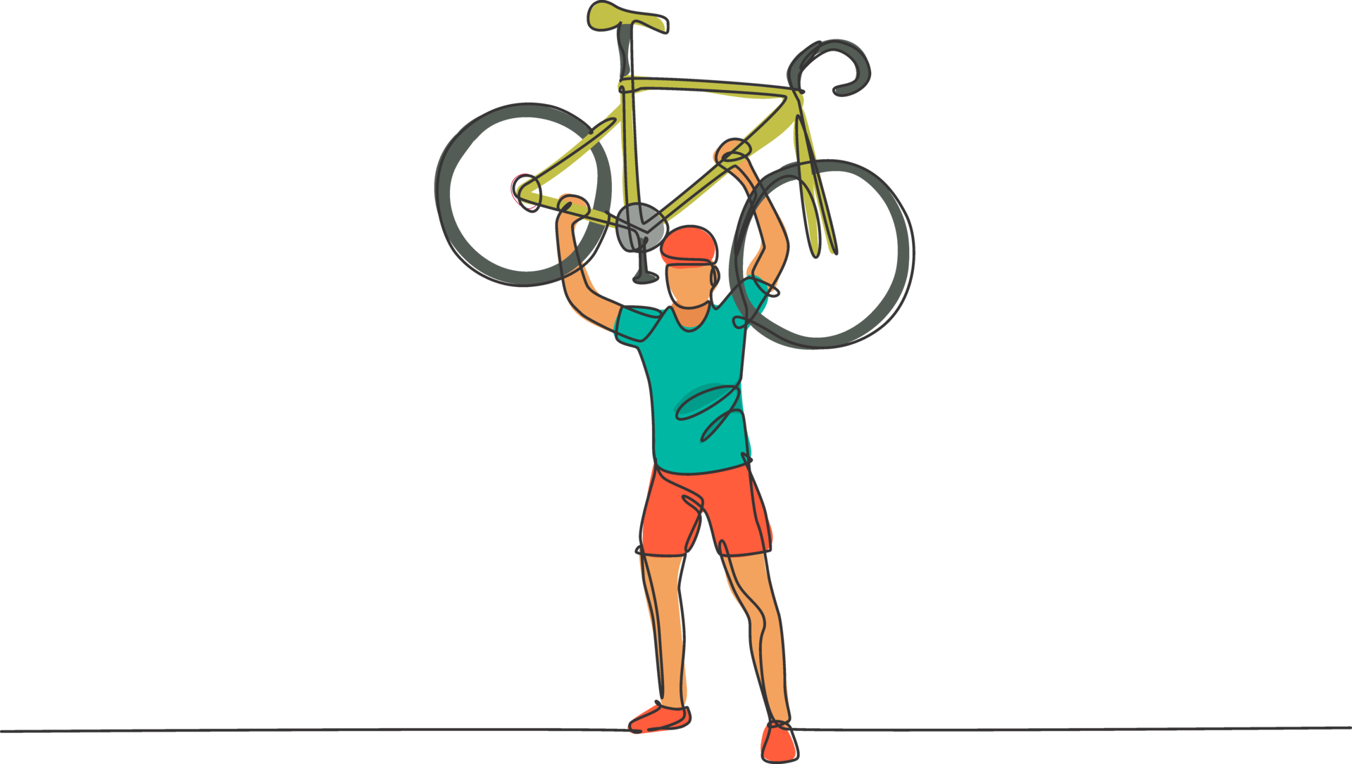 One Continuous Line Drawing Young Sporty Man Bicycle Racer Lift Up His one-continuous-line-drawing-young-sporty-man-bicycle-racer-lift-up-his