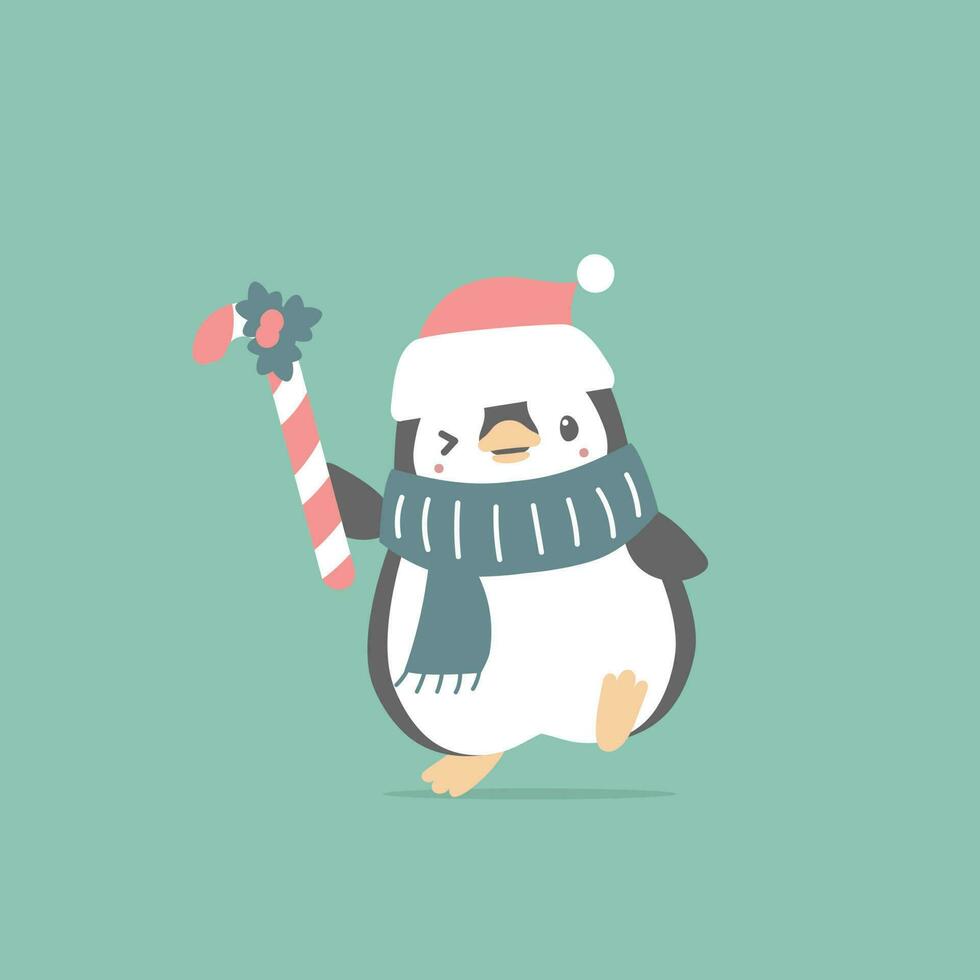 alegre Navidad y contento nuevo año con pingüino y caramelo caña en el invierno temporada verde fondo, plano vector ilustración dibujos animados personaje disfraz diseño