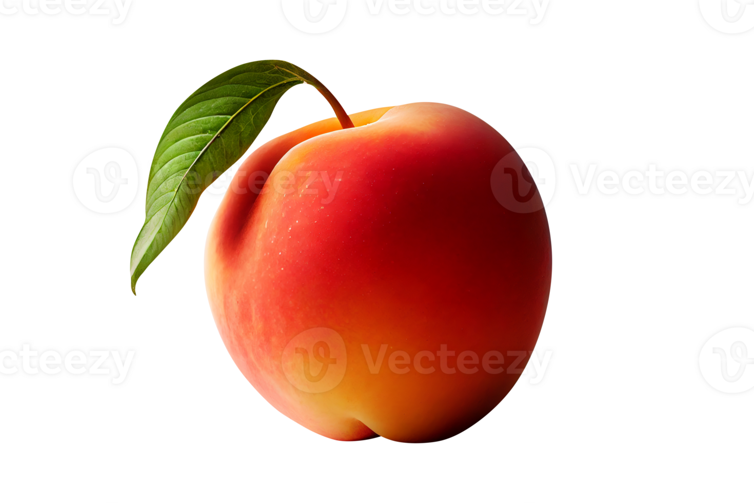 Fresh tasty peach fruit with leaves on transparent background png