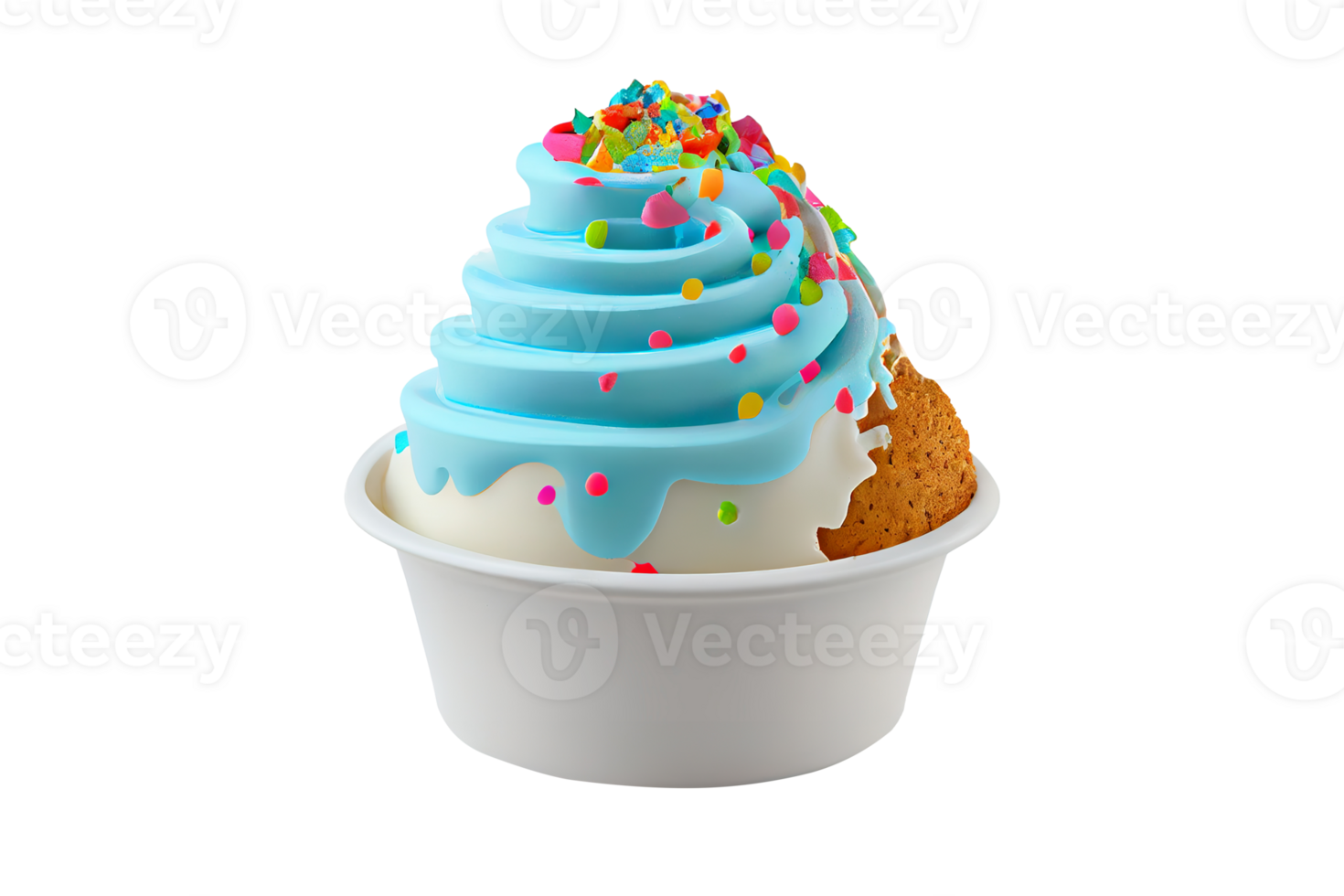 Tasty colorful ice cream cup with syrups and fruits on transparent background png