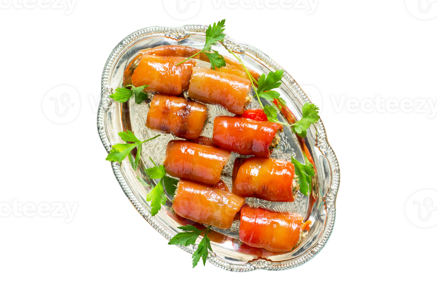 Fresh homemade rolls of peppers stuffed with nuts on transparent background png