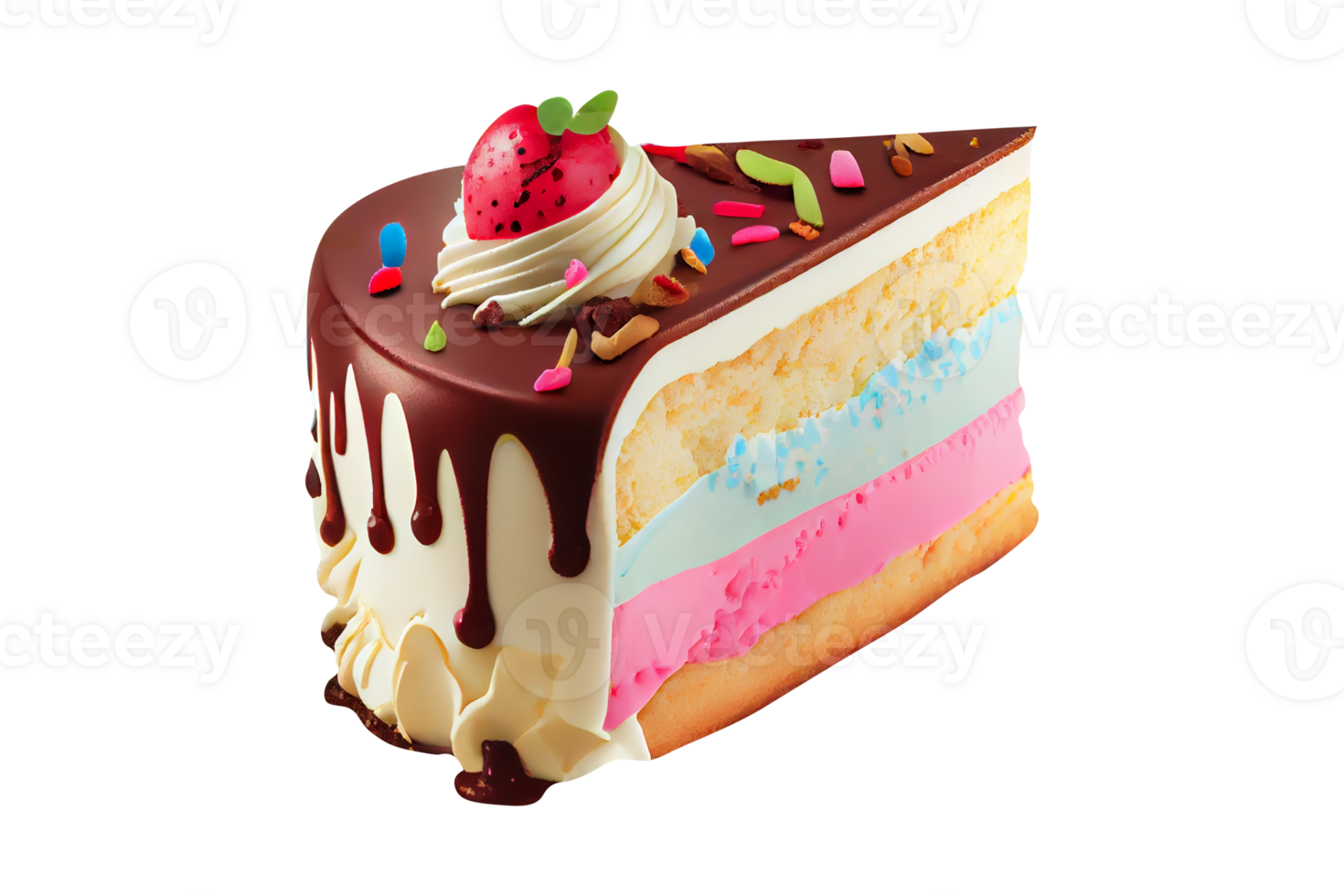Fresh sweet ice cream cake with chocolate syrup and berries on transparent background png