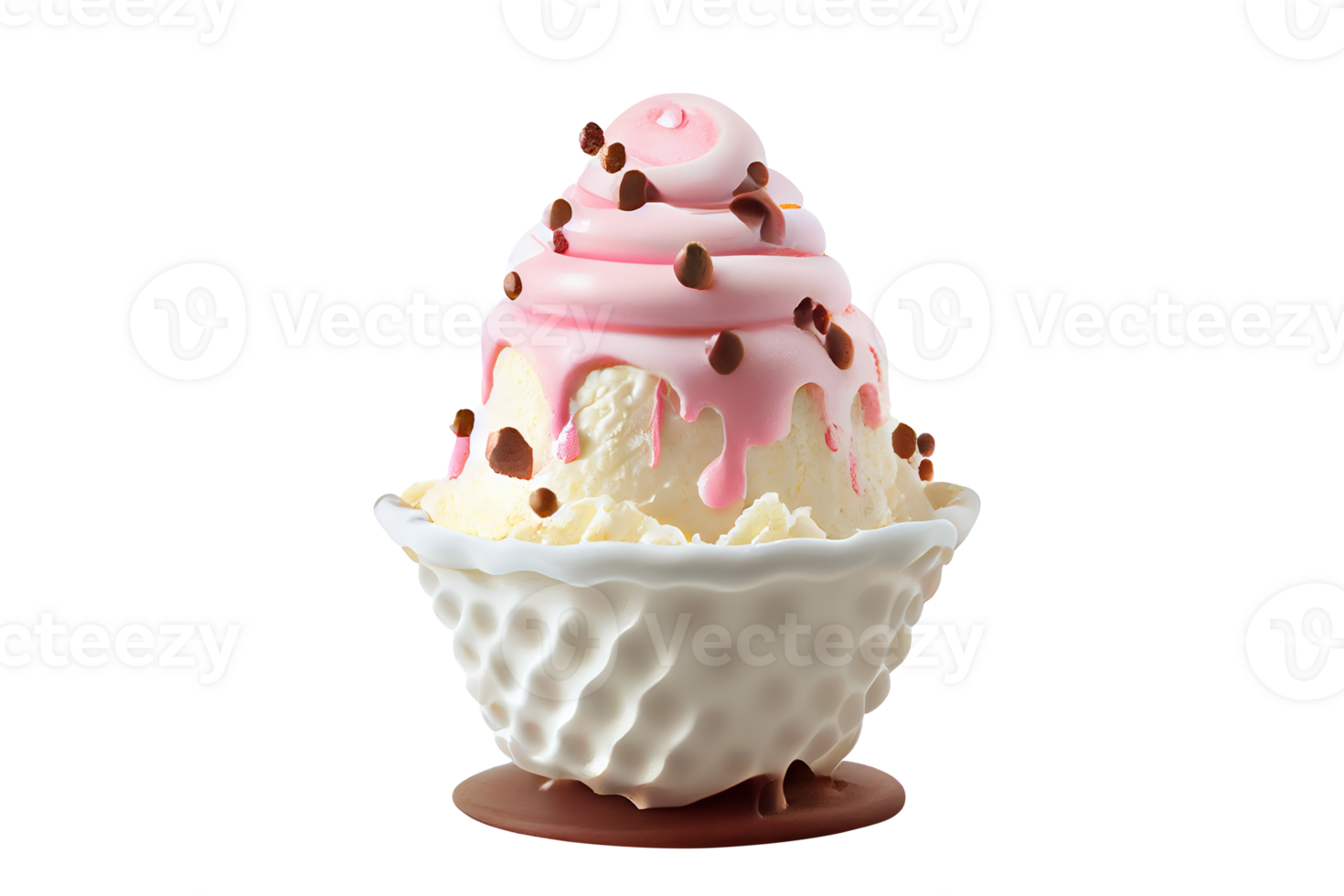 Tasty colorful ice cream cup with syrups and fruits on transparent background png