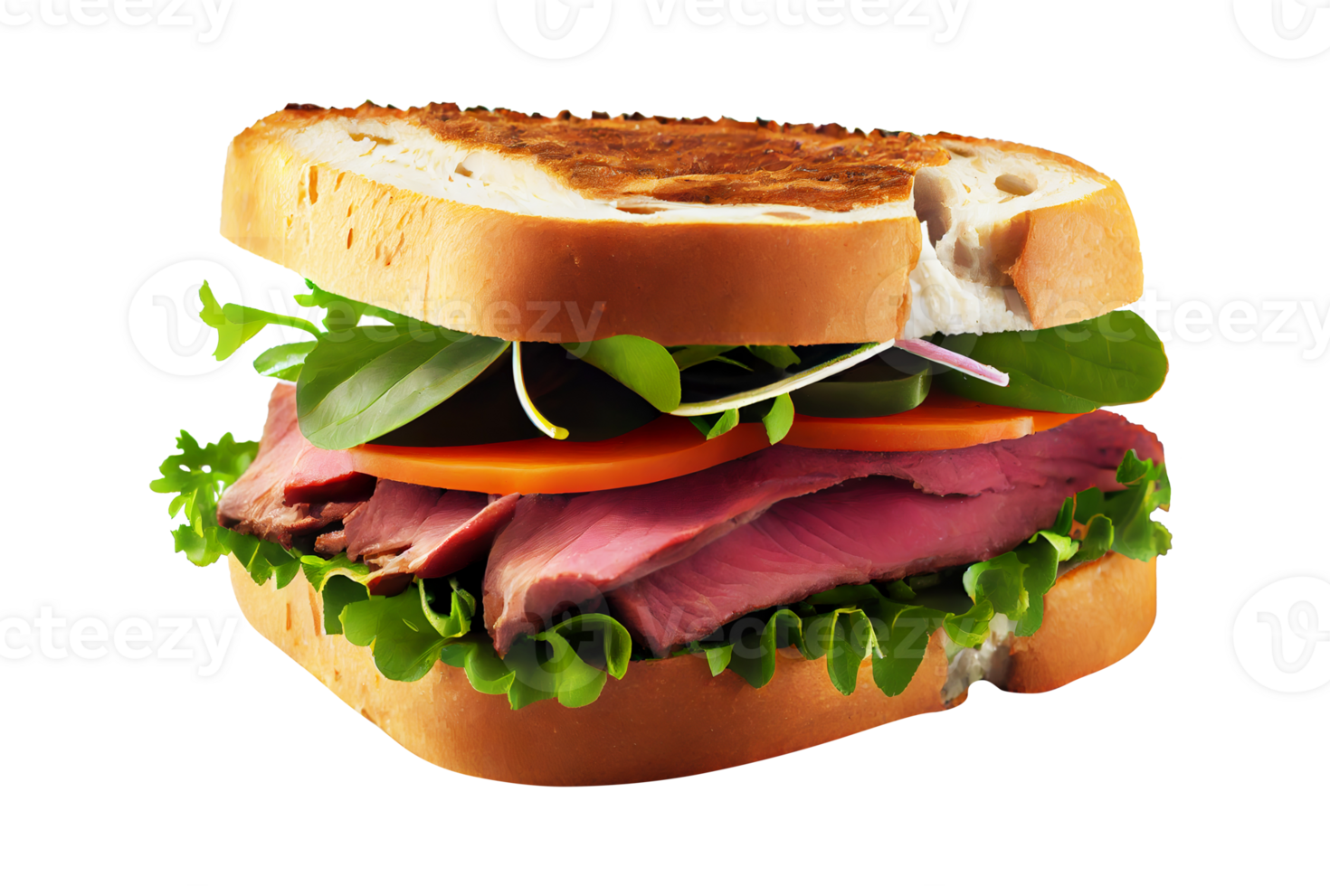 Tasty roasted beef sandwich with lettuce isolated on transparent background png