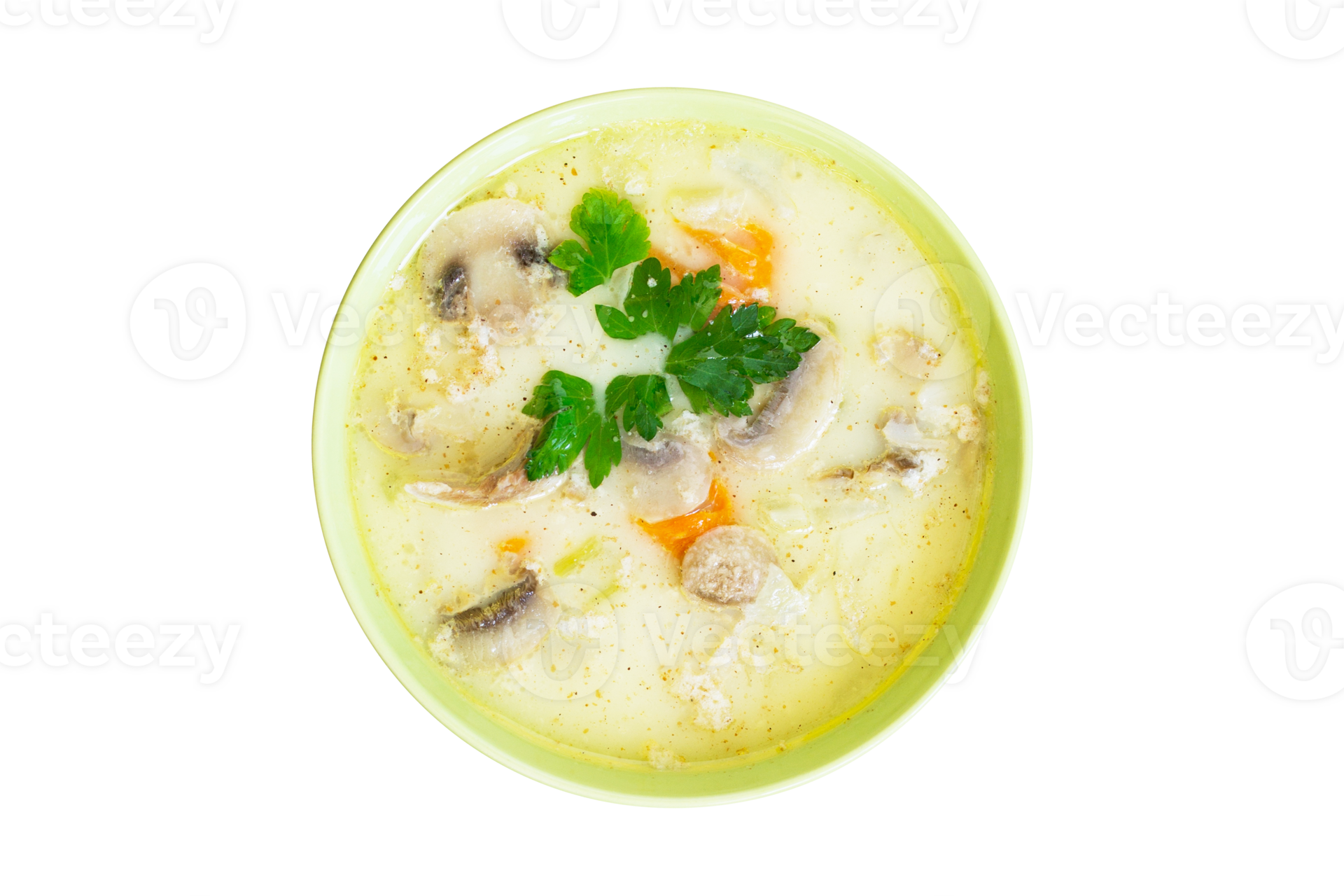 Cream soup with chicken and mushrooms on transparent background