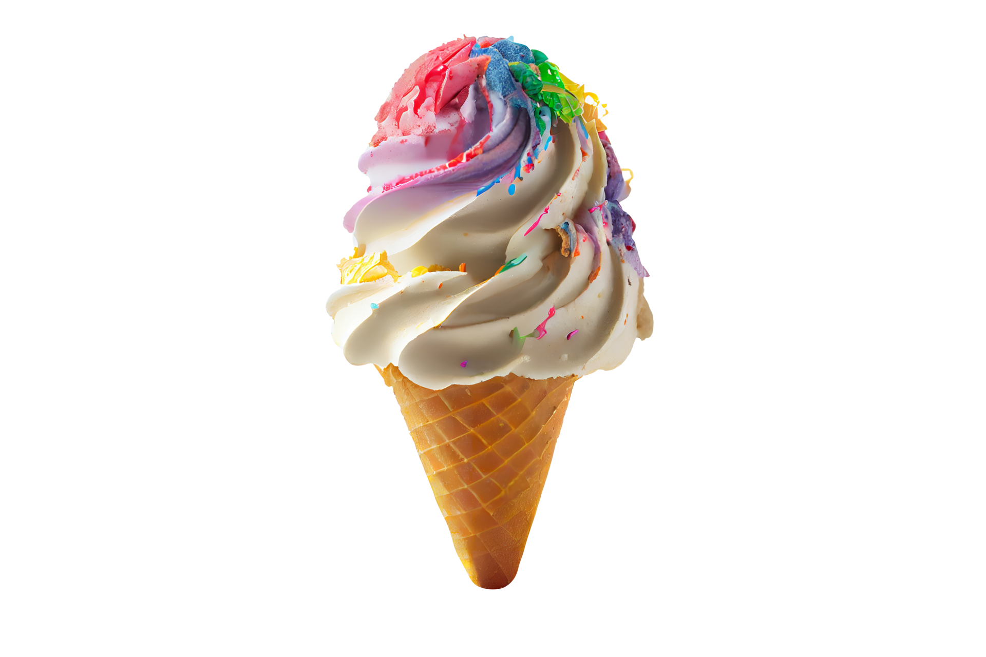 Tasty colorful ice cream cup with syrups and fruits on transparent