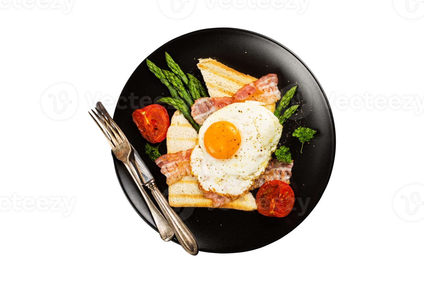 Fried egg with bread toast and asparagus on transparent background png