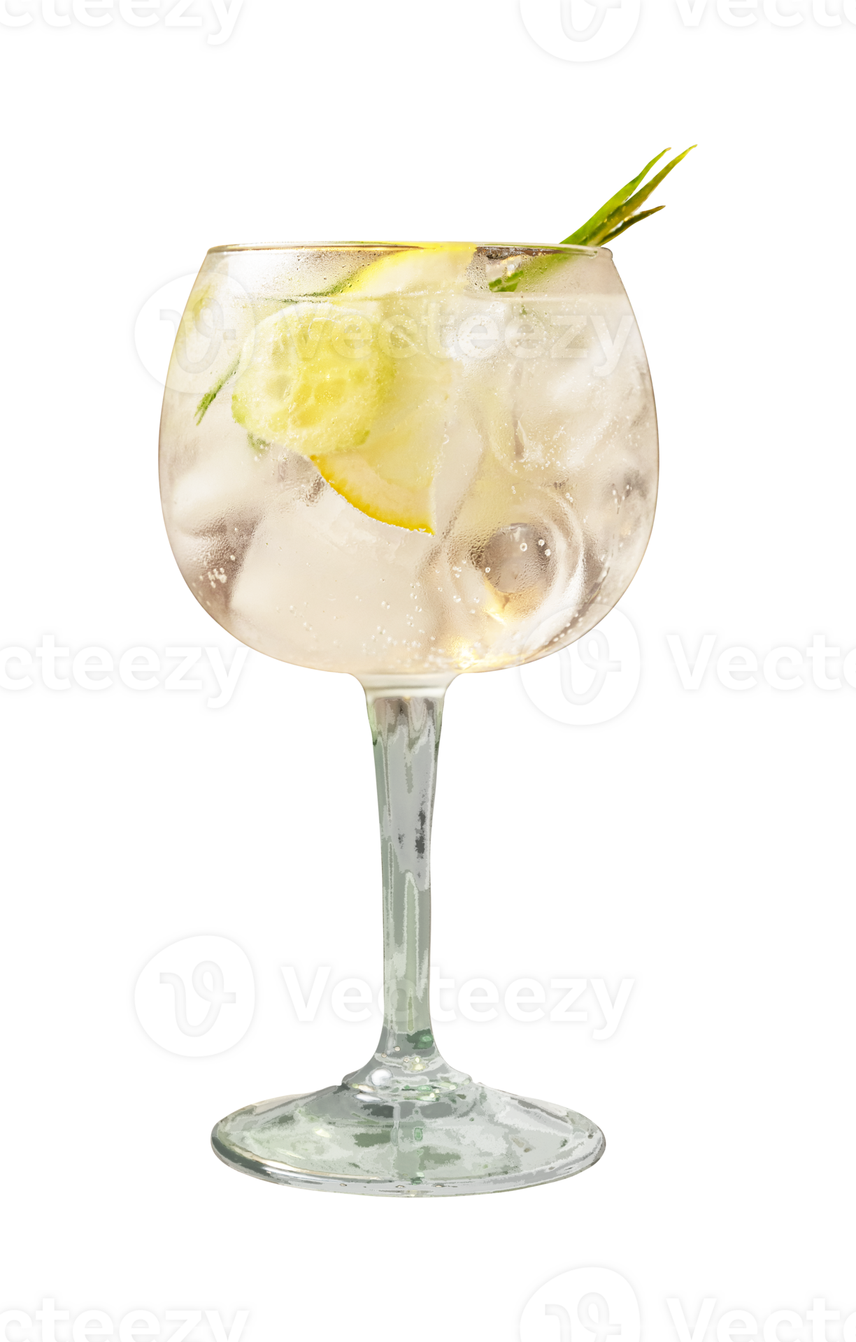 Cold refreshing tonic water with lemon slice on transparent background