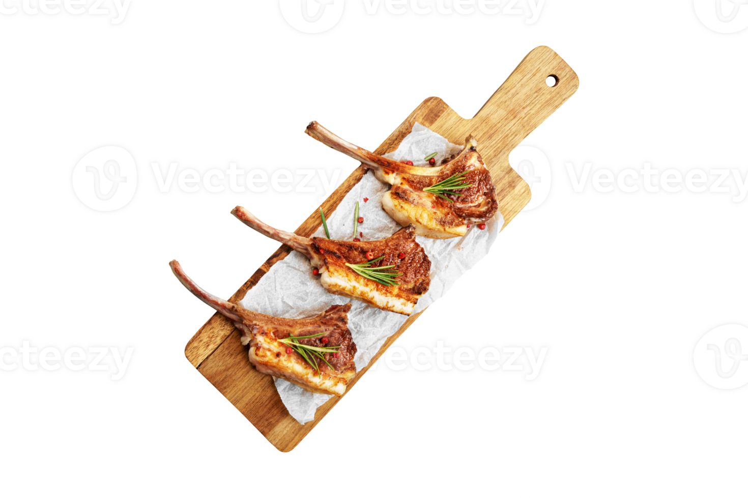 Grilled rack of lamb served on a wooden board with transparent background png