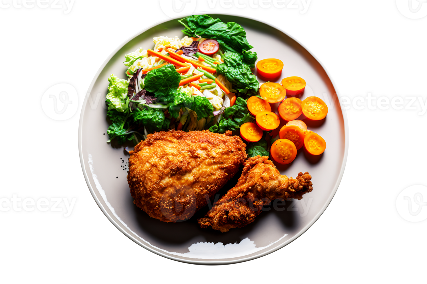 Crispy fried chicken leg pieces on plate with transparent background png