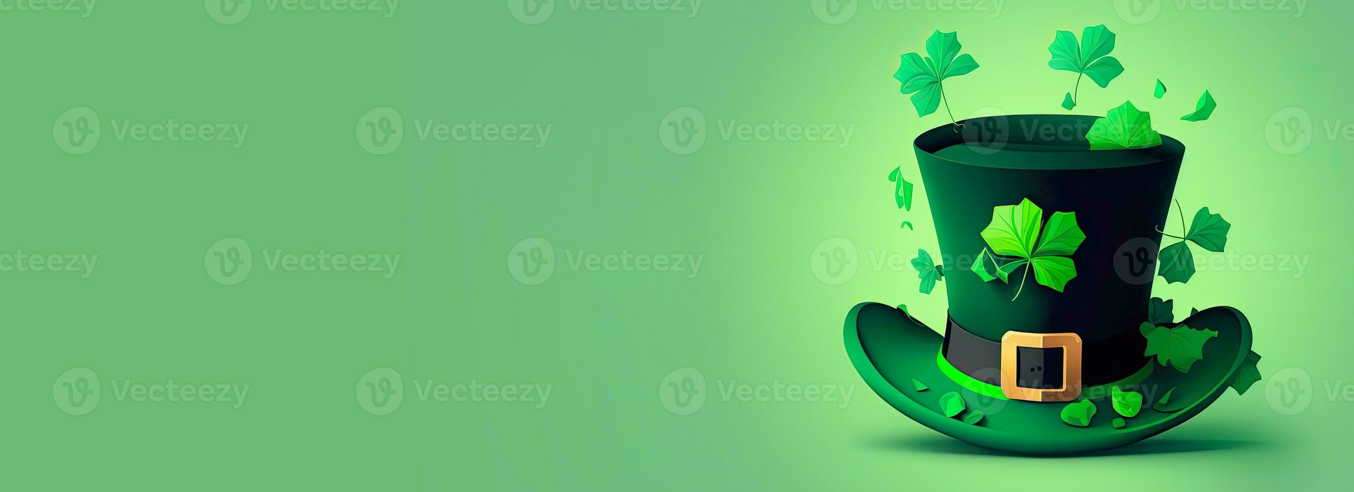 3D Render of Leprechaun Hat With Decorative Clover Leaves On Pastel Green Background. St. Patrick's Day Concept. photo