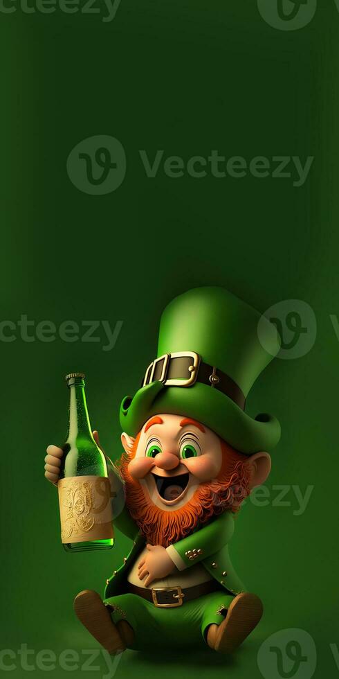 3D Render of Cheerful Leprechaun Man Holding Wine Bottle In Sitting Pose On Green Background. St. Patrick's Day Concept. photo