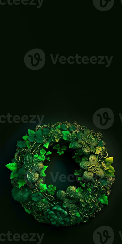 3D Render of Clover And Tropical Leaves Forming Wreath Against Dark Background With Copy Space. St. Patrick's Day Concept. photo