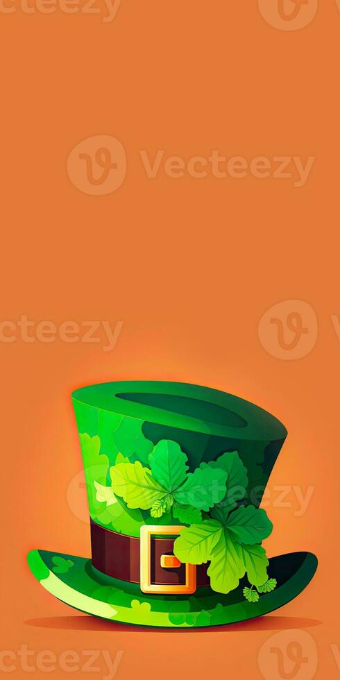 3D Render of Clover Leaves Leprechaun Hat On Orange Background. St. Patrick's Day Concept. photo