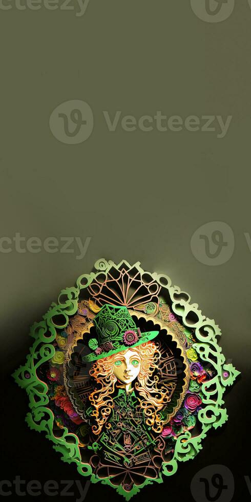 Clay Modeling of Beautiful Female Leprechaun Inside Vintage Frame. 3D Render, St. Patrick's Day Concept. photo