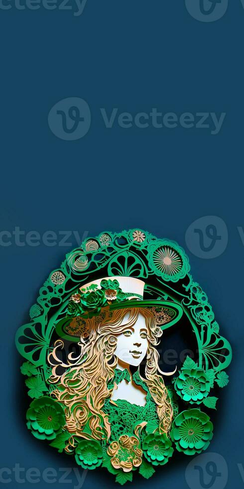 Clay Modeling of Female Leprechaun Inside Vintage Frame On Blue Background. 3D Render, St. Patrick's Day Concept. photo