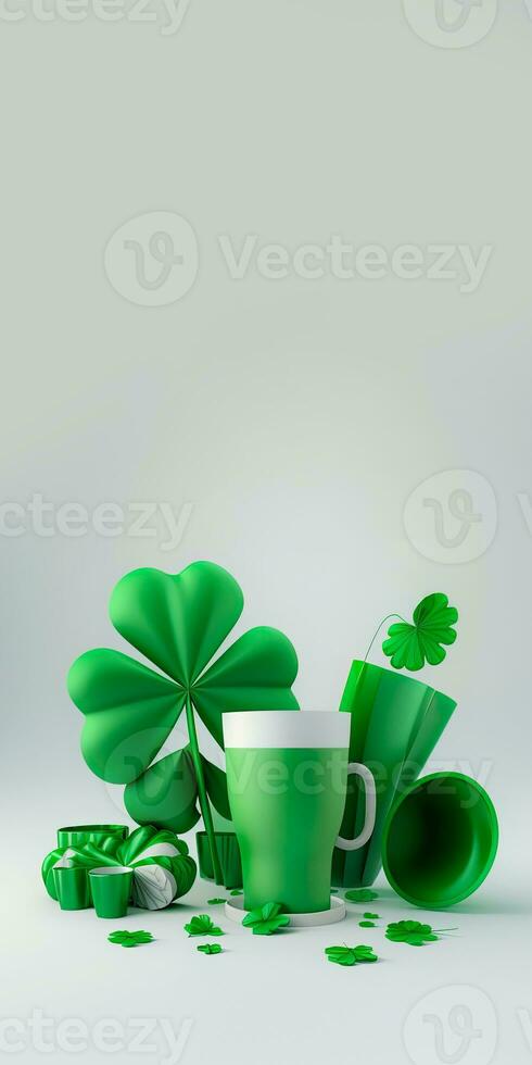 3D Render of Clover Leaves With Mugs, Vase Element On Grey Background And Copy Space. St. Patrick's Day Concept. photo