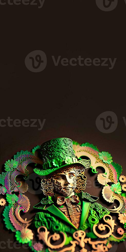Clay Modeling of Beautiful Female Leprechaun Inside Vintage Frame. 3D Render, St. Patrick's Day Concept. photo