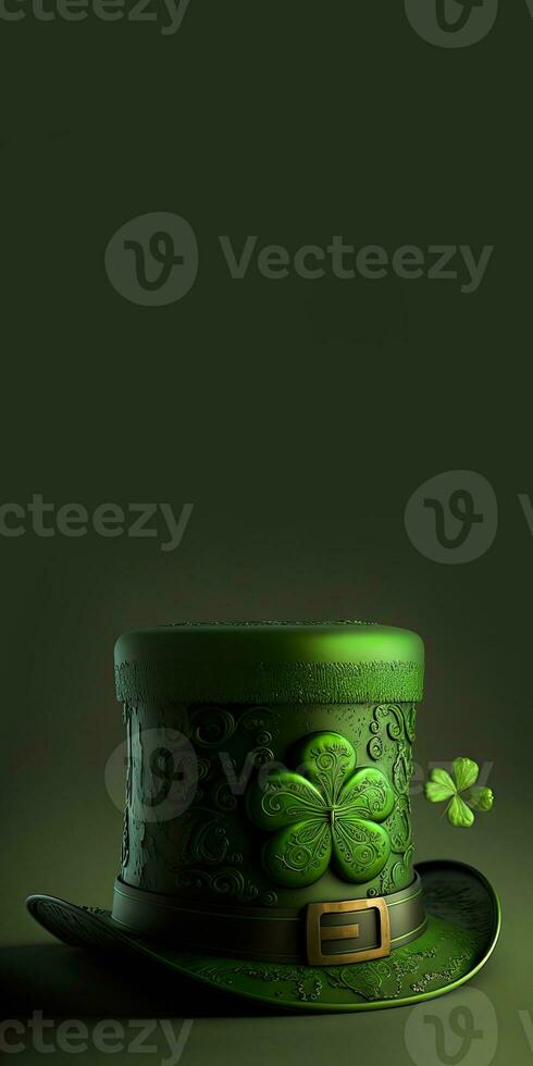 3D Render of Clover Leaves Printed Leprechaun Hat On Green Background. St. Patrick's Day Concept. photo