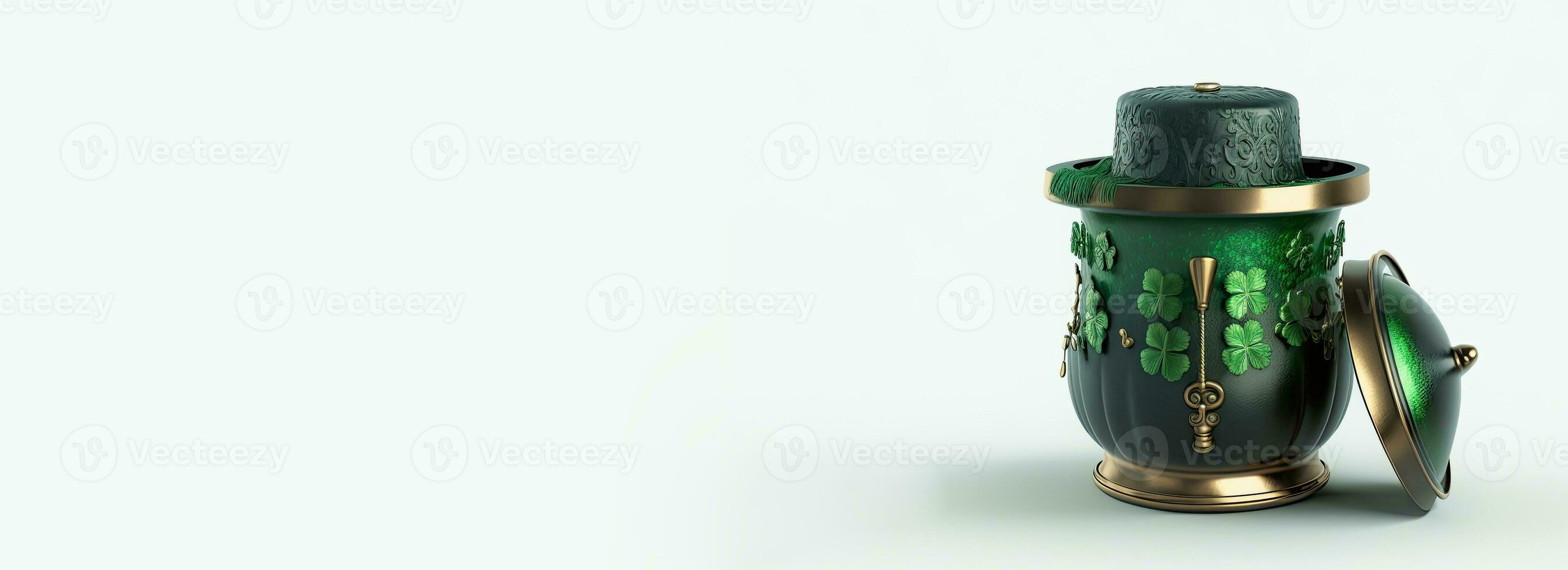 3D Render of Golden And Green Antique Pot With Decorative Clover Leaves. St. Patrick's Day Concept. photo